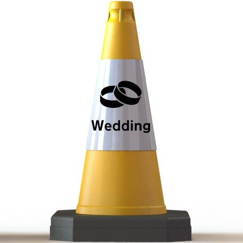 Wedding traffic cone, 10 x 50cm with wedding rings graphic and label for wedding event signage.