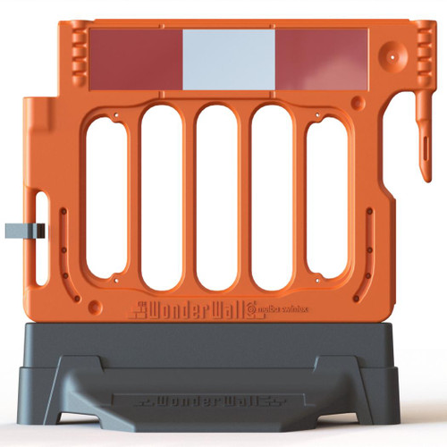 WonderWall Barrier Top Section, orange barrier panel with reflective strip and black base for construction site safety.