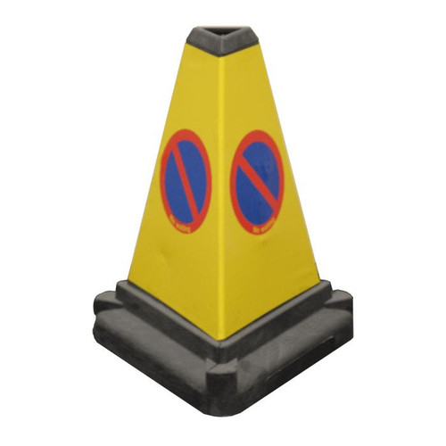 Melba Swintex No Waiting 3 Sided Road Bollard Cone, yellow traffic cone with 'No Waiting' traffic signs on each side, durable black base for road safety and traffic management.
