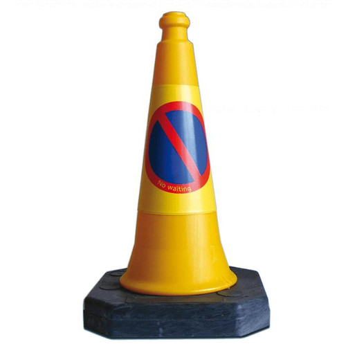Melba Swintex Mastercone 50cm No Waiting traffic cone, yellow with no stopping sign, placed on a black base.
