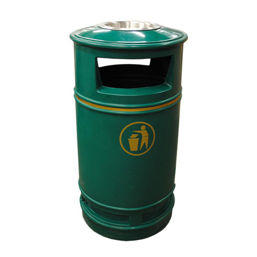 Melba Swintex Copperfield Litter Bin Top Section, green waste bin with a slot for rubbish and a small icon of a person throwing trash into a bin, designed for outdoor public use.