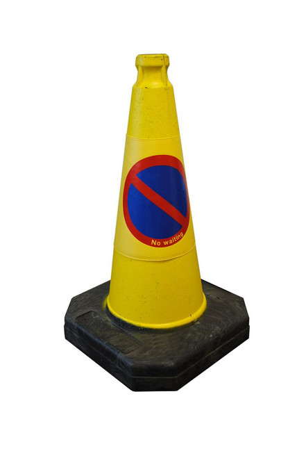 Melba Swintex 5 x MPL 50cm No Waiting Road Cones, yellow conical safety cone with no waiting sign placed on black base.