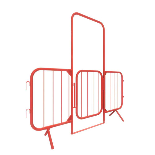 Hermeq 2.3m Spring Gated Site Access Walkthrough Barrier, red metal safety barrier for controlled pedestrian access at construction or restricted areas.
