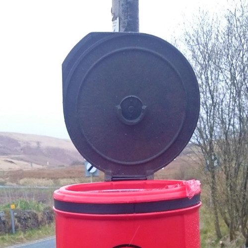 Melba Swintex Replacement Doggy Waste Bin Lid, black round lid for pet waste bag dispenser on outdoor red bin.