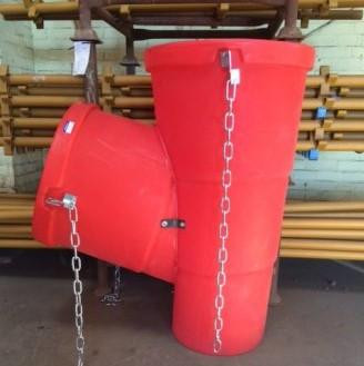 Oaklands 20" Rubble Chute Y Section, red industrial rubble chute with chains for heavy debris removal.