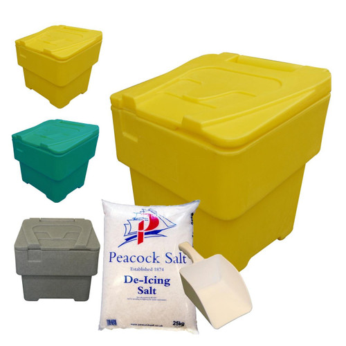 Excelsior 60 Litre 65kg Mini Grit Salt Storage Bin, yellow plastic salt storage container with lid, suitable for storing salt and grit with a capacity of 60 liters or 65kg.