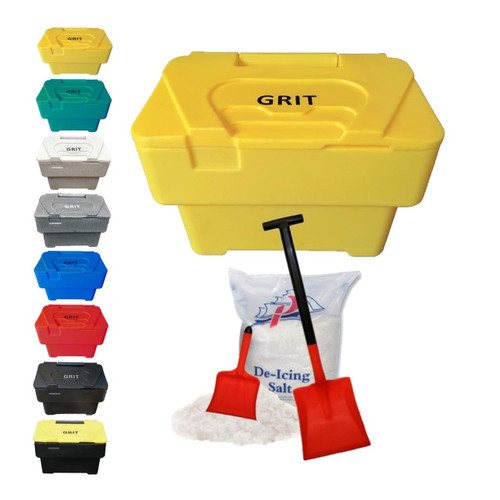 Excelsior 115 Litre 125kg Grit Storage Bin - Optional Salt, yellow grit storage bin with lid, and a bag of de-icing salt with two red shovels.