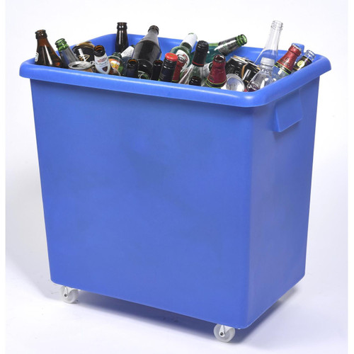 Excelsior 135 Litre Bar Bottle Bin - Food Grade Plastic, large blue waste container filled with empty glass bottles for recycling or disposal.