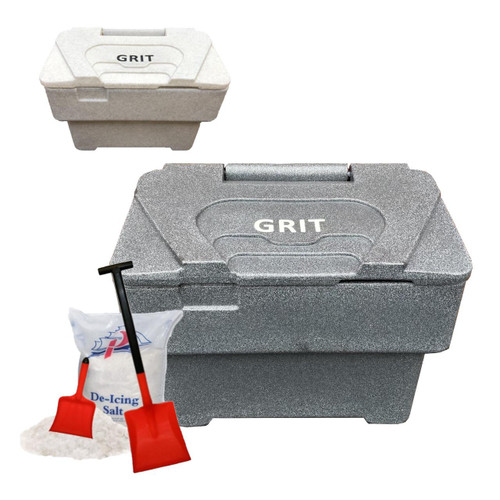 Excelsior 115 Litre 125kg Grey Grit Storage Bin - Optional Salt, featuring a large grey textured plastic container with a lid labeled Grit, a bag of de-icing salt, and a red shovel for salt application.