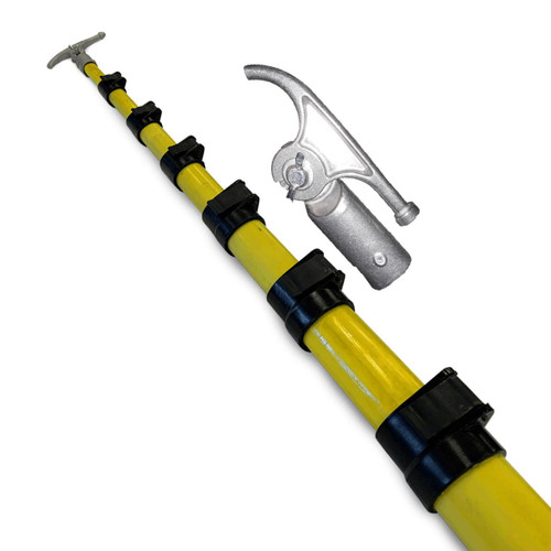 Fluid Safety 10 Metre High Voltage Power Line Hot Stick Safety Pole, yellow insulated safety pole with black clamps and a silver insulated handle for electrical line safety.