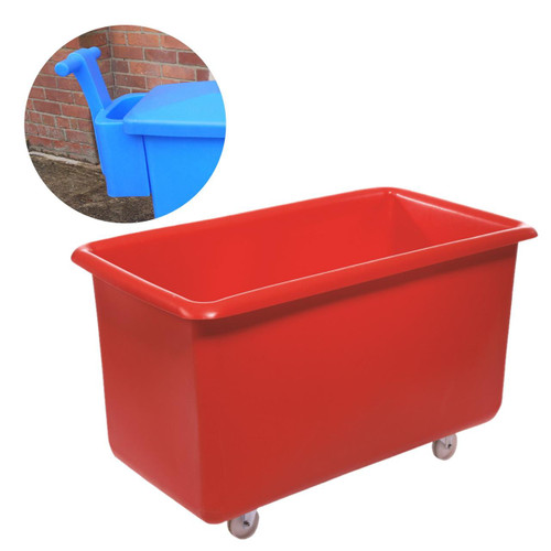 Excelsior 455 Litre Commercial Laundry Cart Coloured Plastic, red rectangular plastic laundry trolley with wheels for commercial laundry use.