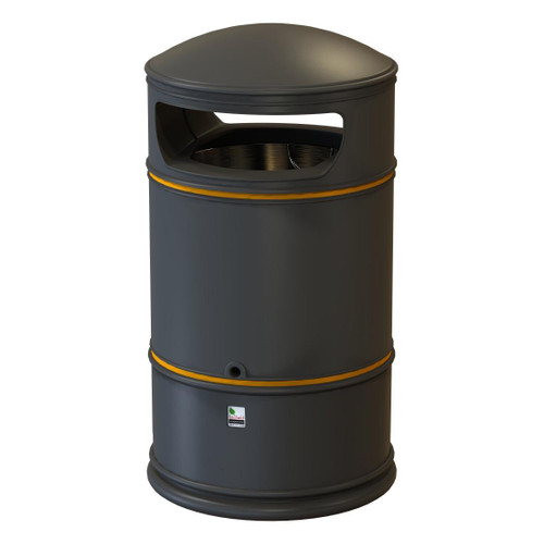 Leafield Round Heritage Outdoor Litter Bin 110 litre, cylindrical waste receptacle with a dark grey color, designed with a semi-open top for easy access, featuring yellow safety bands and a capacity of 110 litres for outdoor public use.
