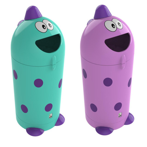 Leafield Monster Buddy School Litter Bin 100 Litre, colorful cartoon monster design litter bins in teal and purple with expressive eyes and polka dots.