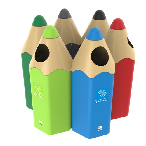 Leafield Pencil School Litter Bin 70 Litre, colorful pencil-shaped waste bins for school or public spaces.