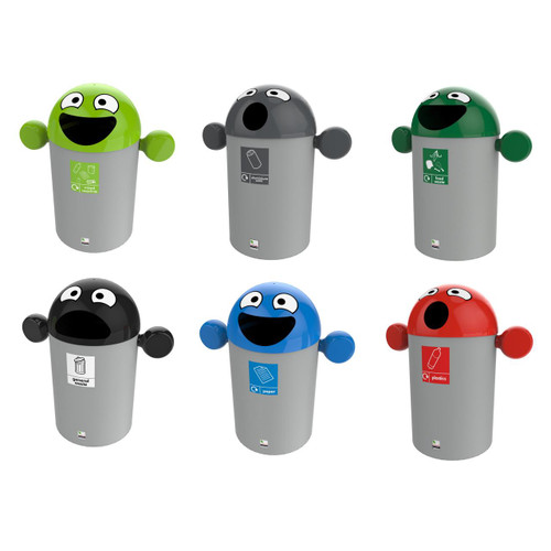 Leafield Best Buddy School Litter Bin 75 Litre, colorful cartoon-style waste bins with smiling faces and different colored lids for recycling different types of waste.