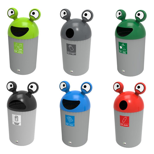 Leafield Space Buddy School Litter Bin 75 Litre, colorful waste disposal bins designed for recycling and waste separation in schools.