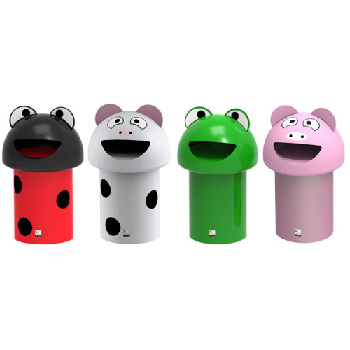 Leafield Mini Animal Buddy School Litter Bin 60 Litre, colorful animal-themed trash bins with smiling faces and various colors including black, white, green, and pink.