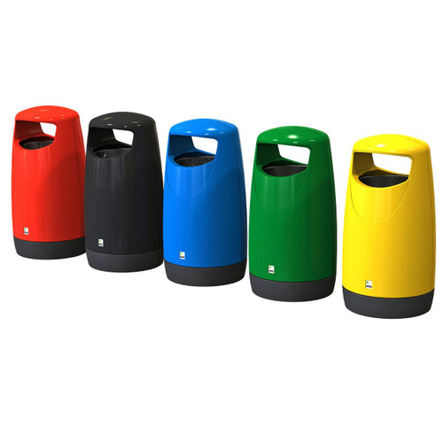 Leafield Consort Round Outdoor Litter Bin 100 litre, colorful outdoor waste receptacle in red, black, blue, green, and yellow.