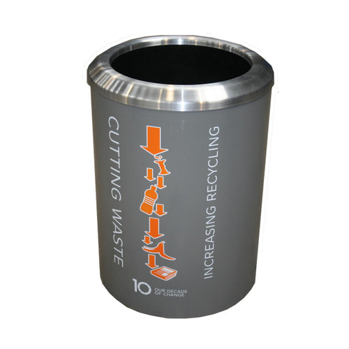 Energetics Halo 80 metal blast resistant litter bin, cylindrical metallic trash bin with a wide opening and safety signage for recycling and blast resistance.