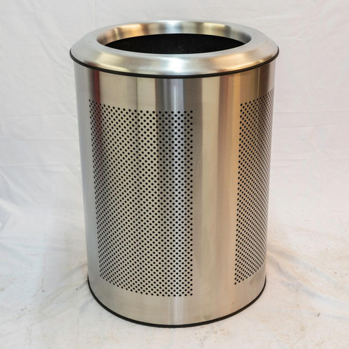 Energetics Halo 80 stainless steel blast resistant litter bin, cylindrical outdoor metal trash can with perforated sides and a rounded opening at the top.