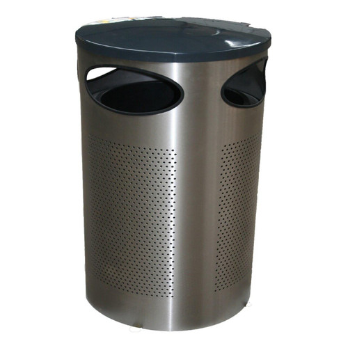 Energetics Halo 80 Plus LA stainless steel blast resistant litter bin, a cylindrical trash can with perforated body, dual openings for waste disposal, and a protective black lid, designed for durability and safety in public spaces.