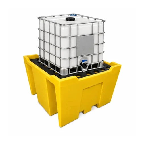 OakPlas IBCSP Single IBC Spill Pallet Bund 1350L Sump, industrial spill containment unit with a large white IBC container on a yellow spill pallet stand.