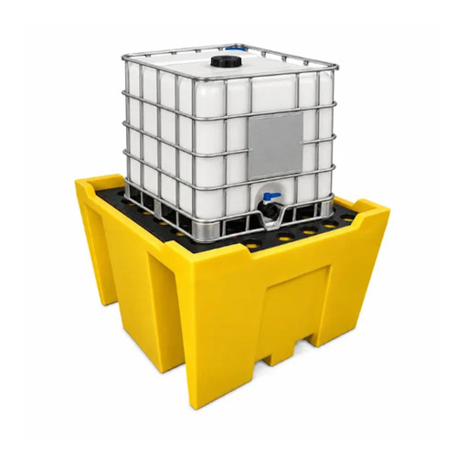 OakPlas IBCSP IBC Spill Pallet Bund Inc Grid Deck 1350L Sump, spill containment pallet with a plastic base and a metal cage around a large IBC tank, designed for safe storage of industrial liquids.