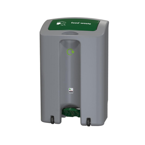 Leafield 65 Litre EnviroStep Peddle Indoor Recycling Bin, gray with green lid, foot pedal at base for hands-free opening, designed for indoor waste disposal and recycling.