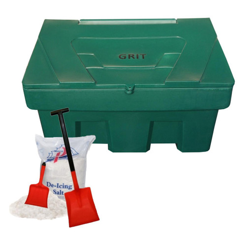 Excelsior 350 Litre 400kg Green Grit Storage Bin - Optional Salt, large green grit storage bin with lid, and de-icing salt with shovels in front of it.