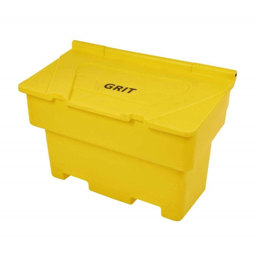 Excelsior Bulk 14+ 200 Litre Grit Storage Bins, yellow plastic grit storage container with lid and the word Grit printed on top.