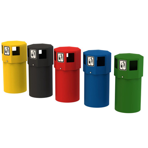 Leafield 70 Litre Octaplus Midi Outdoor Litter Bin, colorful outdoor waste bins in yellow, black, red, blue, and green with waste disposal icons on the front.