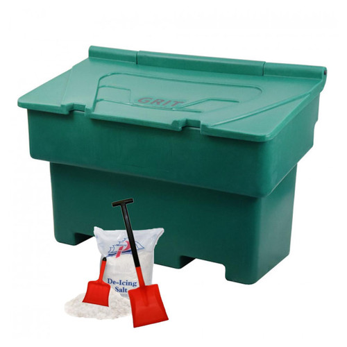 Excelsior 200 Litre 250kg Green Grit Bin - Optional Salt, a durable green grit and salt storage bin with lid, accompanied by a bag of de-icing salt and two small shovels for winter road and walkway treatment.