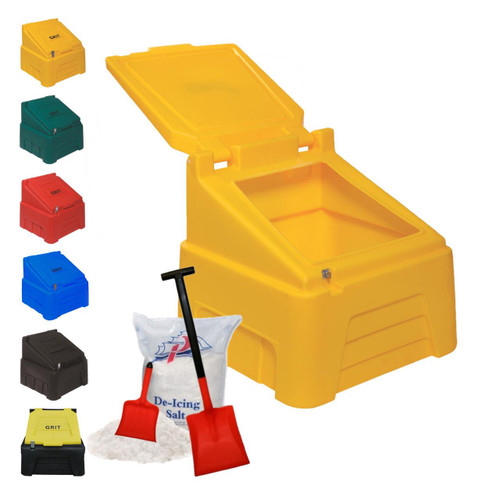 Excelsior 200 Litre Heavy Duty Grit Bin Kit With 200kg Rock Salt, yellow grit storage container with lid open, containing rock salt, snow clearing shovels, and smaller color options of grit bins for winter road maintenance.