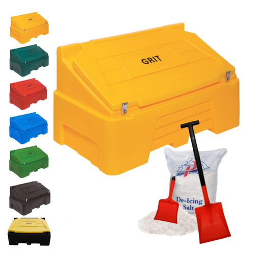 Excelsior 400 Litre Heavy Duty Grit Bin Kit With 400kg Rock Salt, yellow grit bin with lid, includes shovels and a bag of de-icing salt for winter road safety.