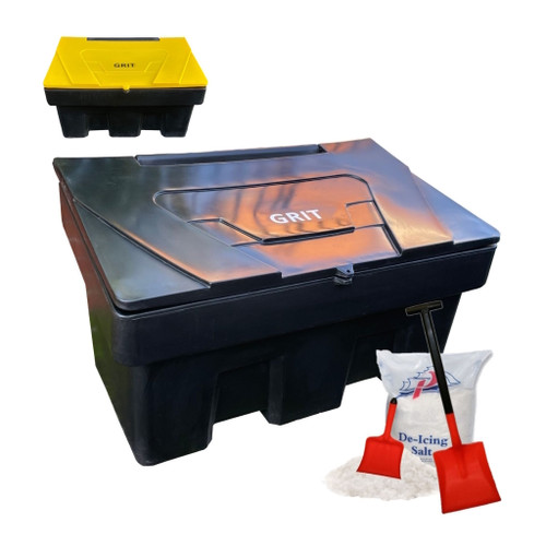 350 Litre recycled black grit storage bin with bags of rock salt 350 Litre recycled black grit storage bin with bags of rock salt