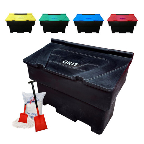 Excelsior 200 Litre Recycled Black Grit Bin Kit With 200kg Rock Salt, black grit bin with a lid and a bag of de-icing salt with shovels.