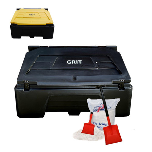 Excelsior 400 Litre Recycled Black Heavy Duty Grit Bin Kit With 400kg Salt, showing a large black grit bin with a lid labeled 'GRIT', a smaller yellow grit bin, and accessories including a bag of de-icing salt and two red shovels.