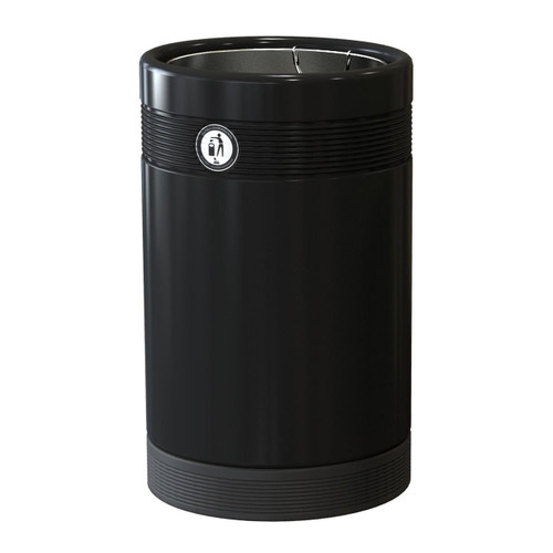 Leafield Super Monarch Open Top Litter Bin 85 Litre, black open top outdoor trash bin with a sleek design and a universal waste disposal symbol sticker on the side.