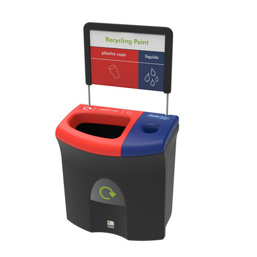 Leafield 87 Litre Meridian Office Cup Recycling Bin, innovative waste disposal unit with separated compartments for plastics cups and liquids, featuring a digital display and designated slots for eco-friendly recycling.