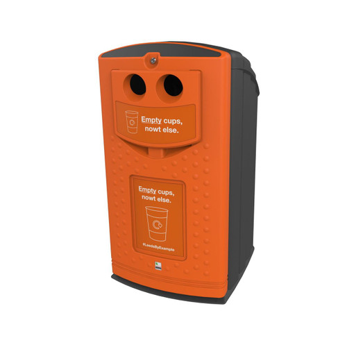 Leafield 240 Litre Envirobank Cup Outdoor Recycling Bin, orange and black recycling bin with dual circular openings and message for disposal of cups.