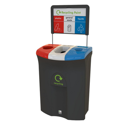 Leafield 110 Litre Meridian Office Cup Triple Recycling Bin, a black recycling bin with three separate compartments for plastics, general waste, and liquids, each with color-coded lids and a signboard indicating recycling categories.