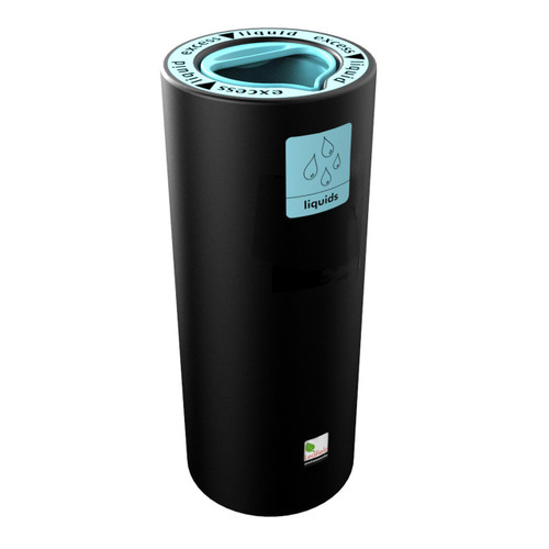 Leafield AquaPod Liquid Collection Bin 7.5 Litres, black cylindrical liquid waste collection container with a blue lid and label indicating liquids.