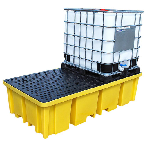 Romold BB2FW Double IBC Spill Pallet Bund Inc Grid Deck 1150L Sump 4 Way Forklift, spill containment pallet with grid deck and forklift access for IBCs.