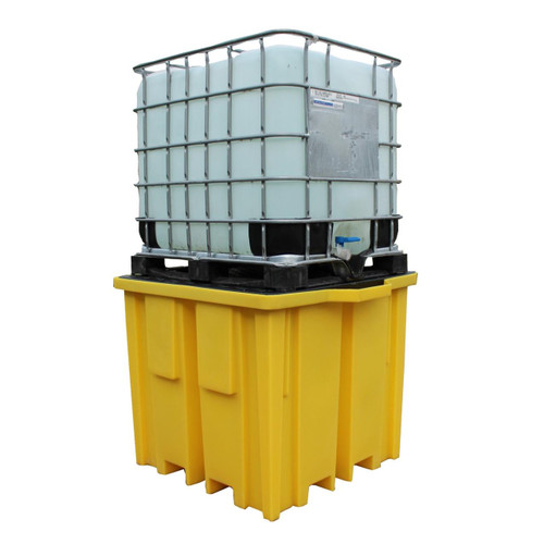 Romold BB1FW IBC Spill Pallet Bund Grid Deck 1150L Sump 4 Way Forklift, yellow spill containment pallet with black top platform and IBC tote water-resistant bund with grid deck for safe chemical storage.