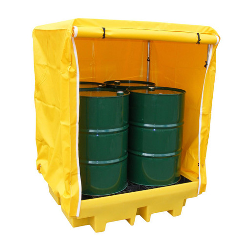 Romold 4 Drum Soft Covered Bunded Spill Pallet 410L Sump BP4C, yellow protective cover with four green drums stored inside.