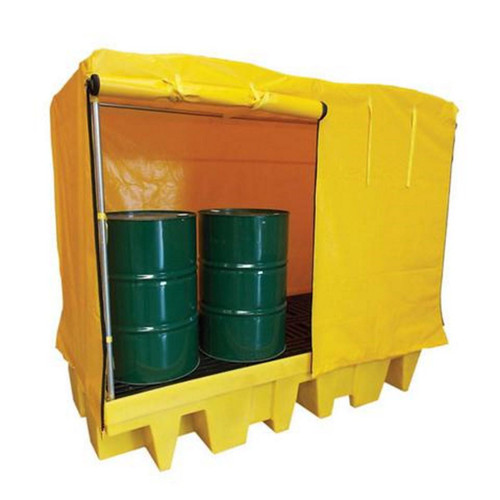 Romold 8 Drum Soft Covered Bunded Spill Pallet 1140L Sump BP8C, yellow protective spill containment unit with green drums inside for hazardous liquid storage.