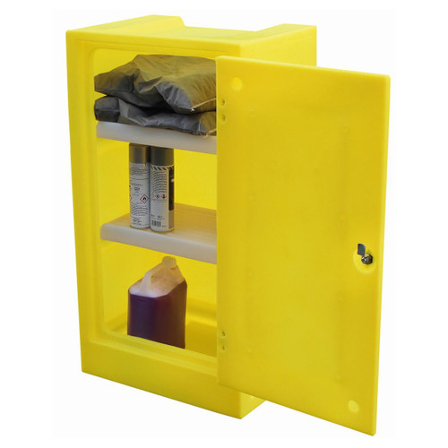 Romold PSC1 990mm High COSHH Bunded Storage Cabinet With Lock, bright yellow bunded chemical storage cabinet with lock and shelves for hazardous materials.