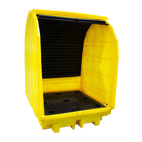 Romold 4 Drum Lockable Hard Covered Bunded Spill Pallet BP4HC, yellow spill containment pallet with lockable cover and black slatted base for drummed liquid storage.