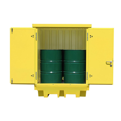 Romold 4 Drum Steel Covered Lockable Bunded Spill Pallet BP4HCS, yellow steel containment unit with secure lockable doors and four green drums inside for hazardous liquid spill containment.