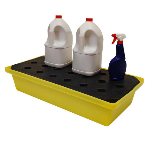 Romold 31 Litre Drip Spill Tray With Mesh Grid ST30, yellow spill tray with black mesh grid holding cleaning bottles and spray.